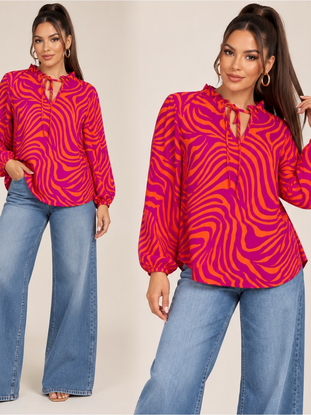 JODIFL Pink and Orange Zebra-Print Tie Neck Blouse
